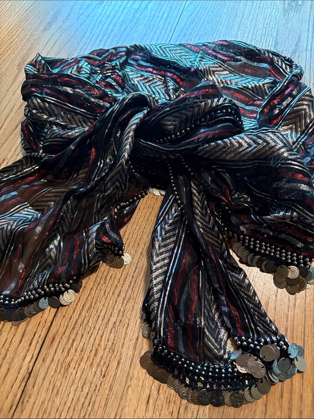 Belly dance hip scarf with coin and bead trim